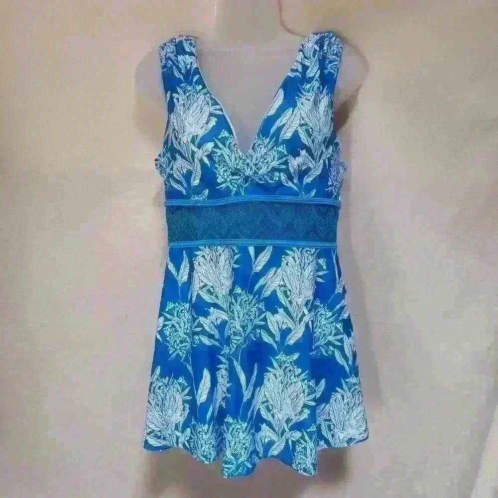 NWOT Sky Blue & White XL Swimdress‎ Top Only Wide Lace Band Gathered Shoulders